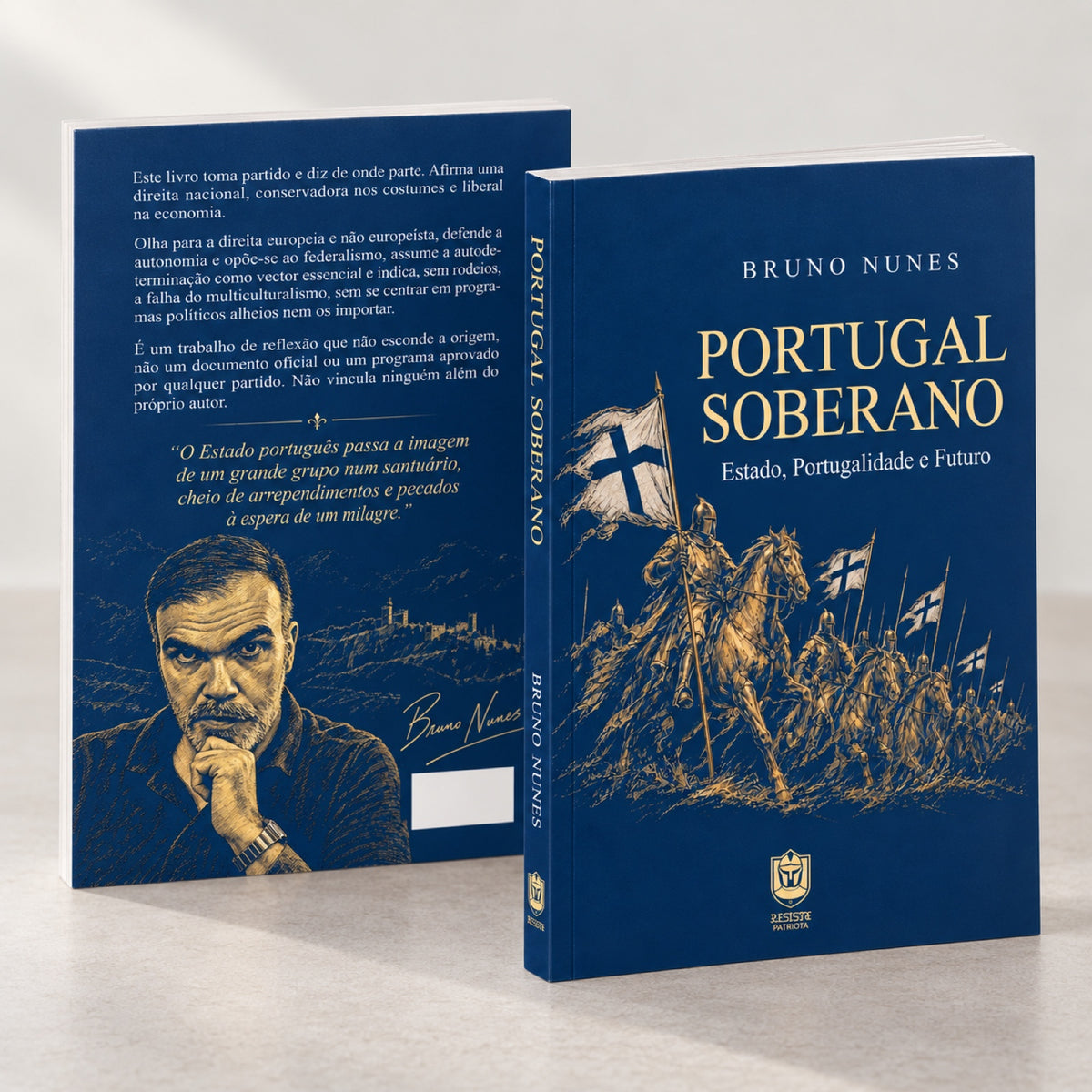 Mockup de Portugal Soberano mostrando capa, lombada e contracapa