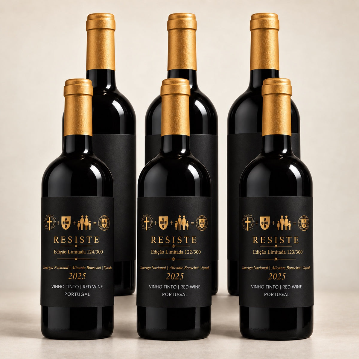 Caixa de seis garrafas de vinho tinto RESISTE, edição limitada 2025, com rótulos pretos e dourados numerados.